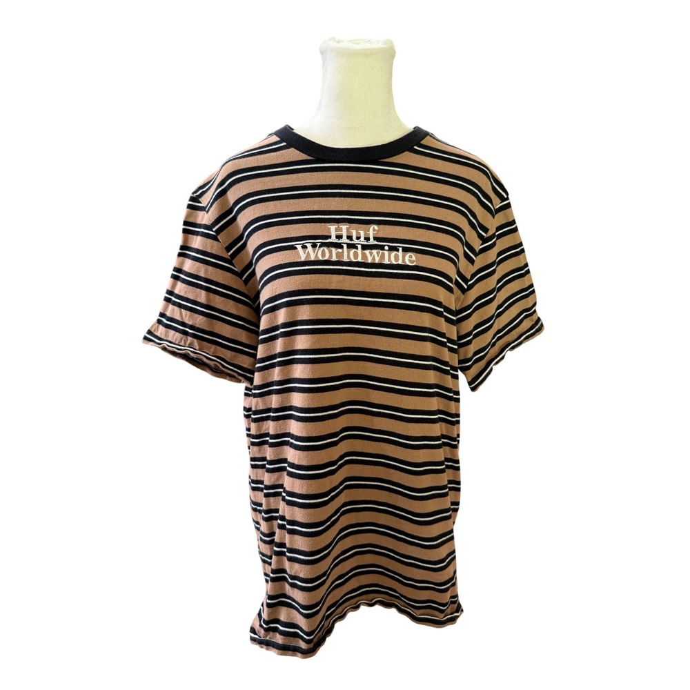 Huf Worldwide Mens Striped T-Shirt Brown Black White Logo Embroidered Large